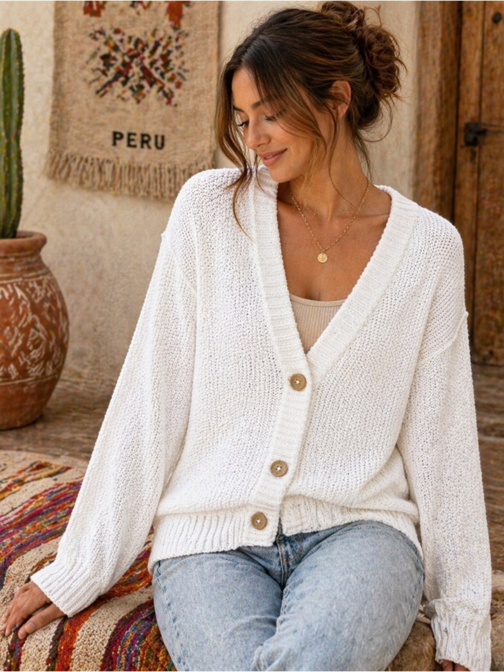 SHXT That I Knit STIK Pima Cotton Cardigan White Chunky Knit Sweater Large
